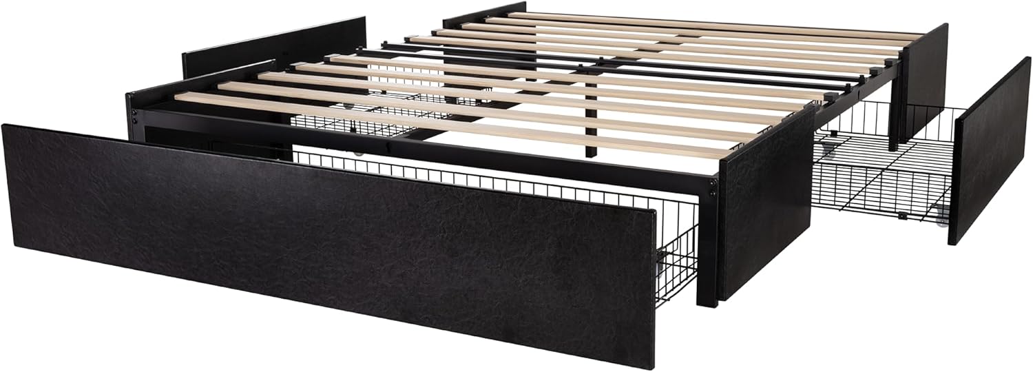 Allewie Queen Size Platform Bed Frame with 3 Storage Drawers, Faux Leather Upholstered, Wooden Slats Support, No Box Spring Needed, Easy Assembly, Black