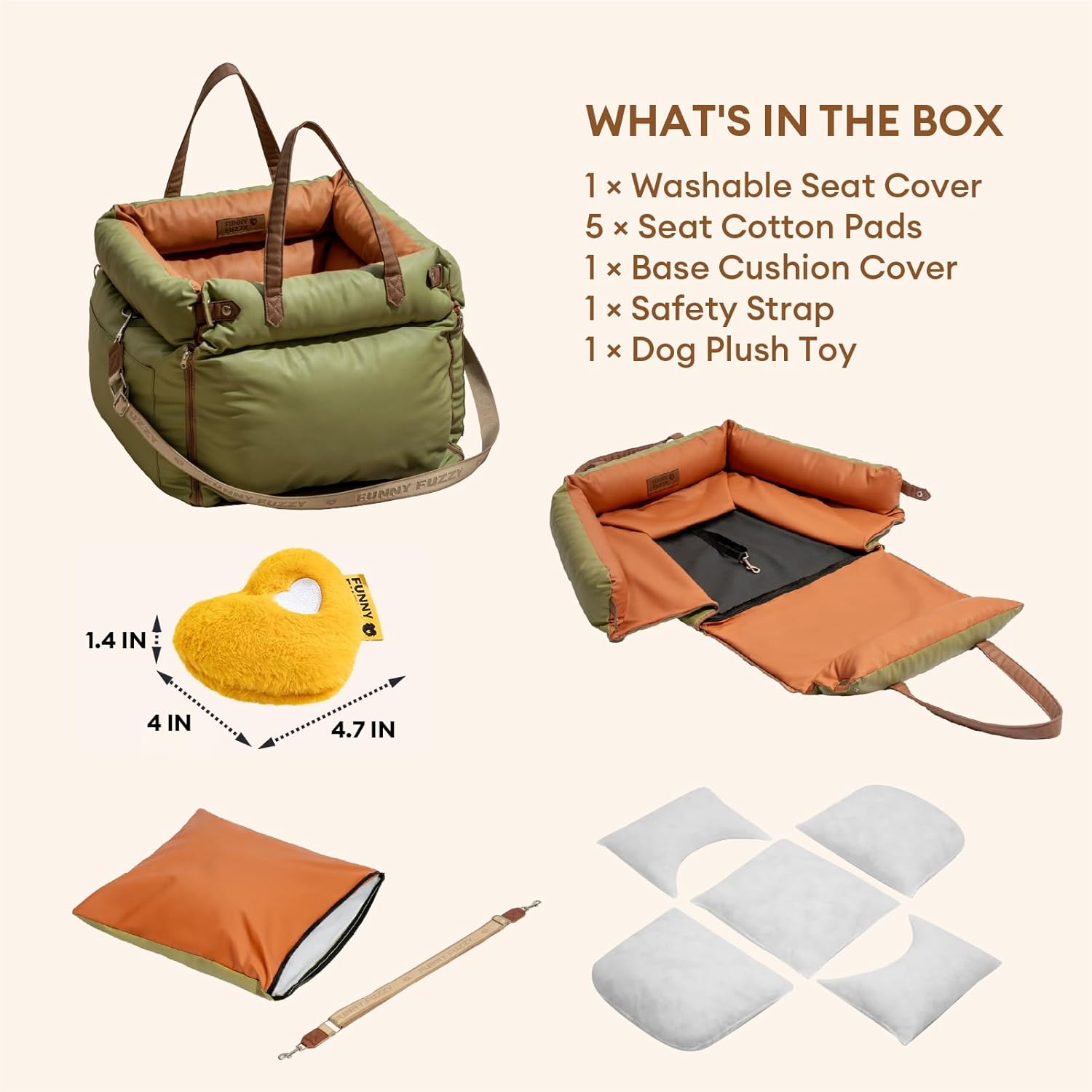 FUNNYFUZZY Leather Dog Car Seat for Small ＆ Medium Sized Dogs Up to 35lbs, Waterproof and Washable Dog Booster Seat Car Bed for Travel and Home,Portable and Safety(Green)