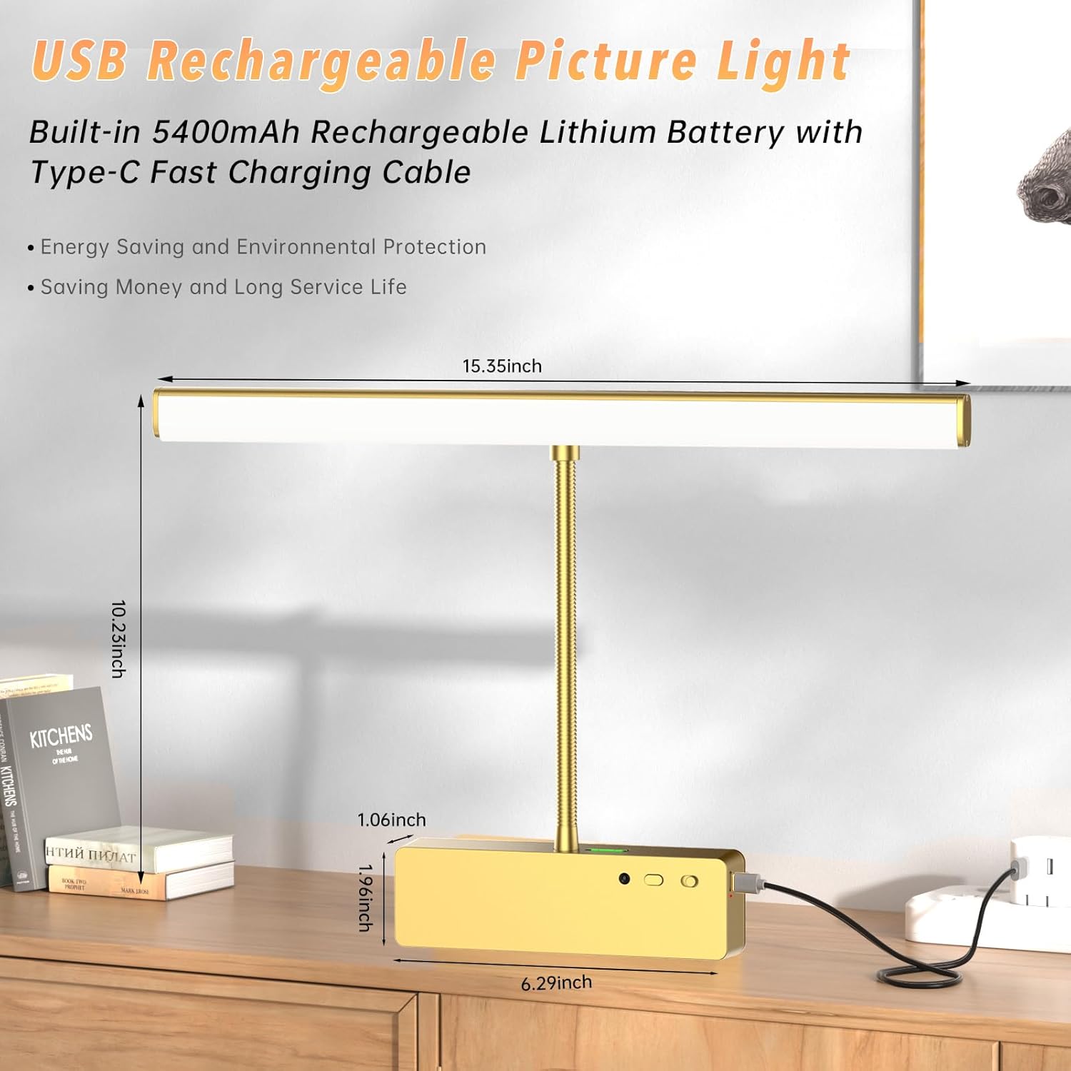 Picture Light with Remote, 15.35inch Wireless Rechargeable Battery Wall Light for Paintings, 3 Colors Paintings Light Dimmable and Timer Metal Art Light for Display, Wall, Artwork, Gallery (Gold)