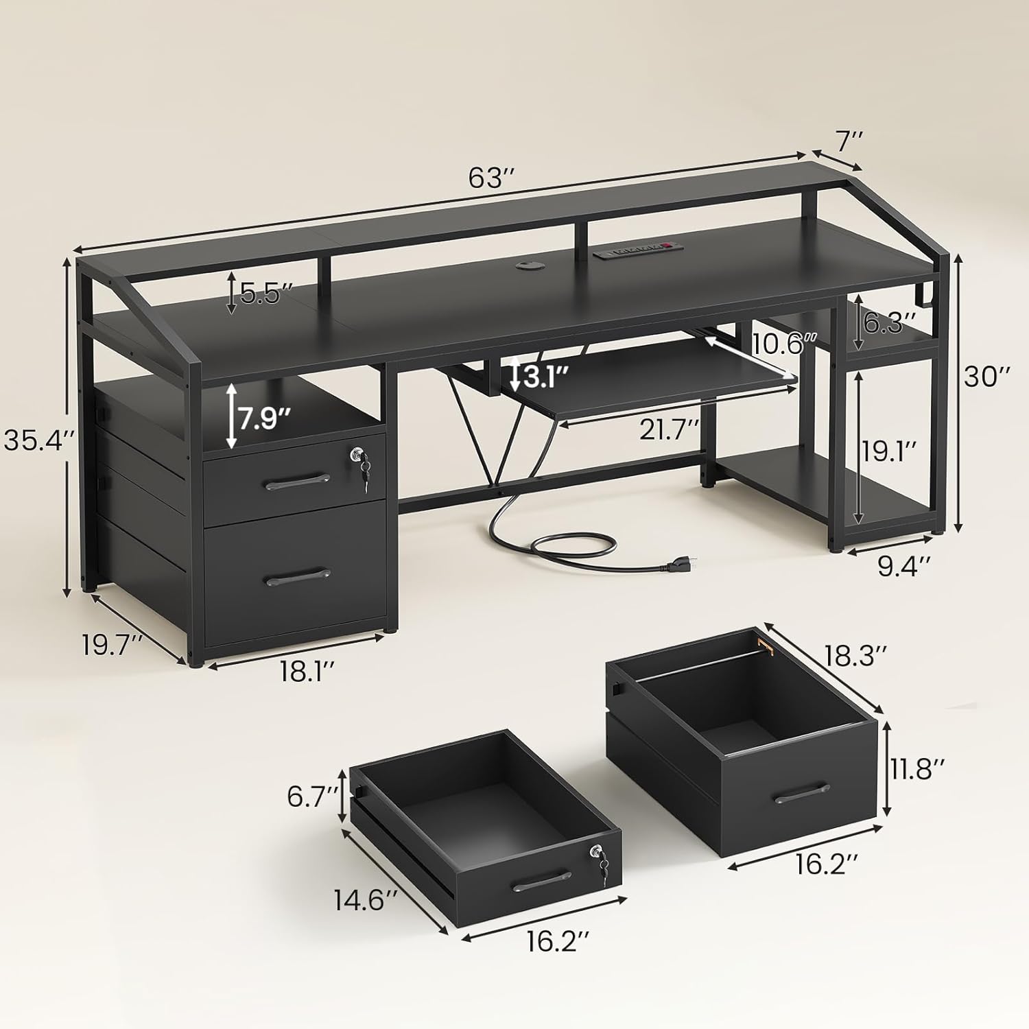 SEDETA 63" Computer Desk, Office Desk with Lockable Drawers for Legal/Letter File, Gaming Desk with LED Lights & Power Outlet, Home Office Desks with Storage, Black