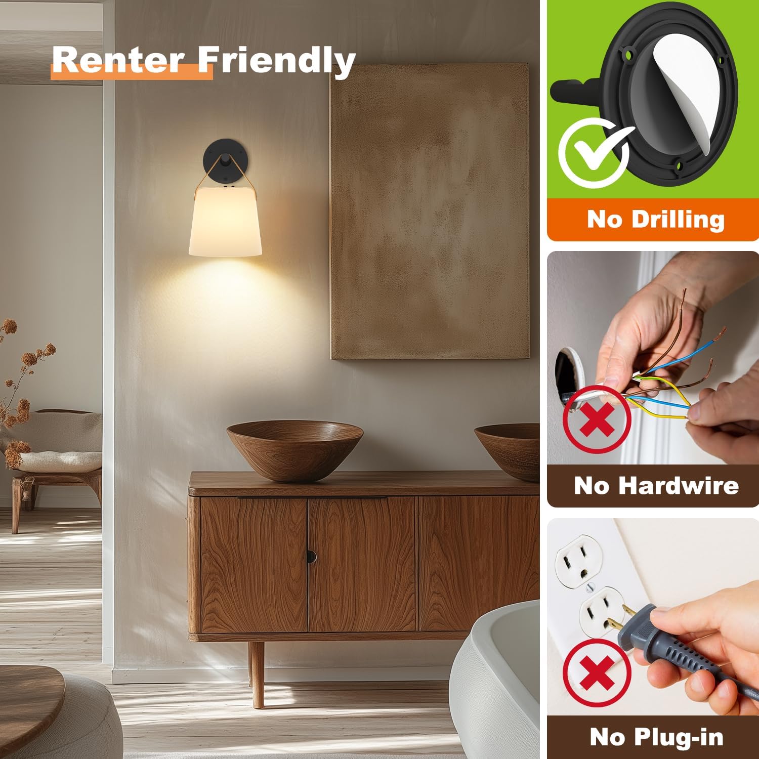 TACAHE Rechargeable Wall Sconce - Plastic Frosted Lampshade - 3 Color Temp & 5 Brightness - Remote Control - 5000 mAh Battery Operated - Cordless Wall Lamp for Camper, RV - Set of 2 (Black)