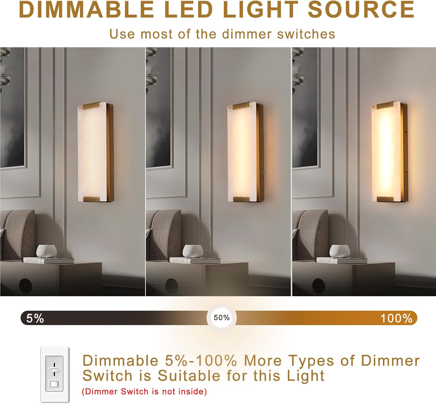 14.2in Alabaster Wall Sconce, Large Natural Marble Wall Light Decor, LED Modern Wall Lamp for Bedroom, Stairs, Living Room, Vanity, Bedside, Hallway （Brushed Bronze 12W）