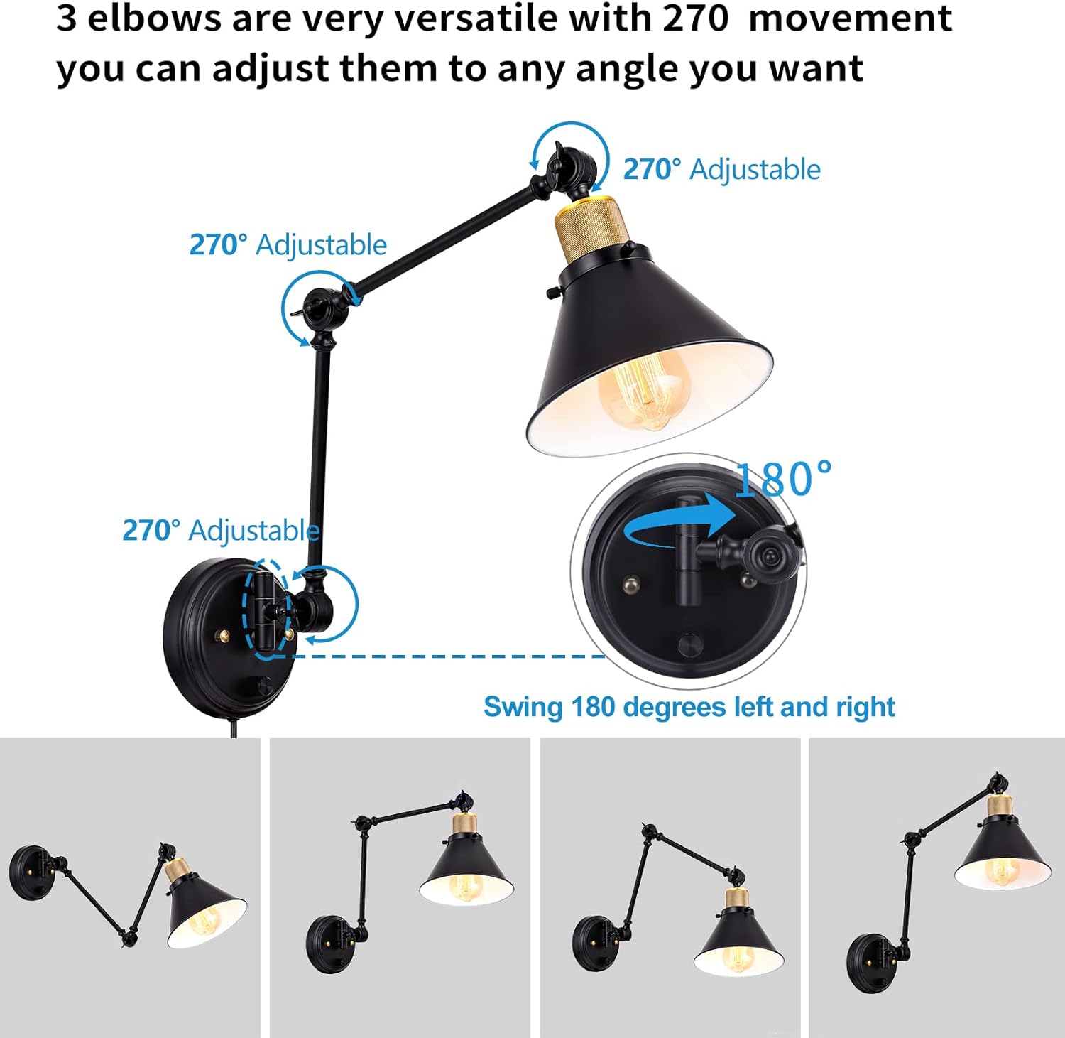 TRLIFE Wall Sconce Plug in, Dimmable Wall Sconce with Switch Swing Arm Wall Lights Plug in Wall Mounted Light Wall Sconces Lighting with 6FT Plug in Cord, E26 Base, UL Listed(Two Arms, 1 Pack)