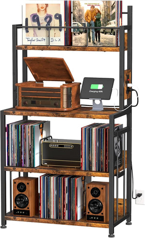 EasyCom Record Player Stand with Vinyl Storage, Turntable Stand Holds Up to 300 Albums, Large Record Player Table with Charge Station, Vinyl Record Stand for Living Room