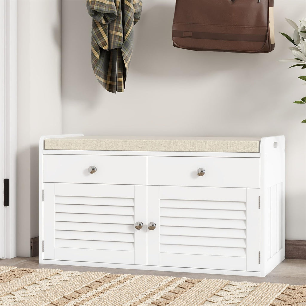 Shoe Storage Bench with 2 Drawers & 2 Doors, Entryway Bench with Cushion, 2 Adjustable Shelves, Shoe Cabinet for Entryway, Living Room, Hallway, Mudroom, Bedroom, Grey
