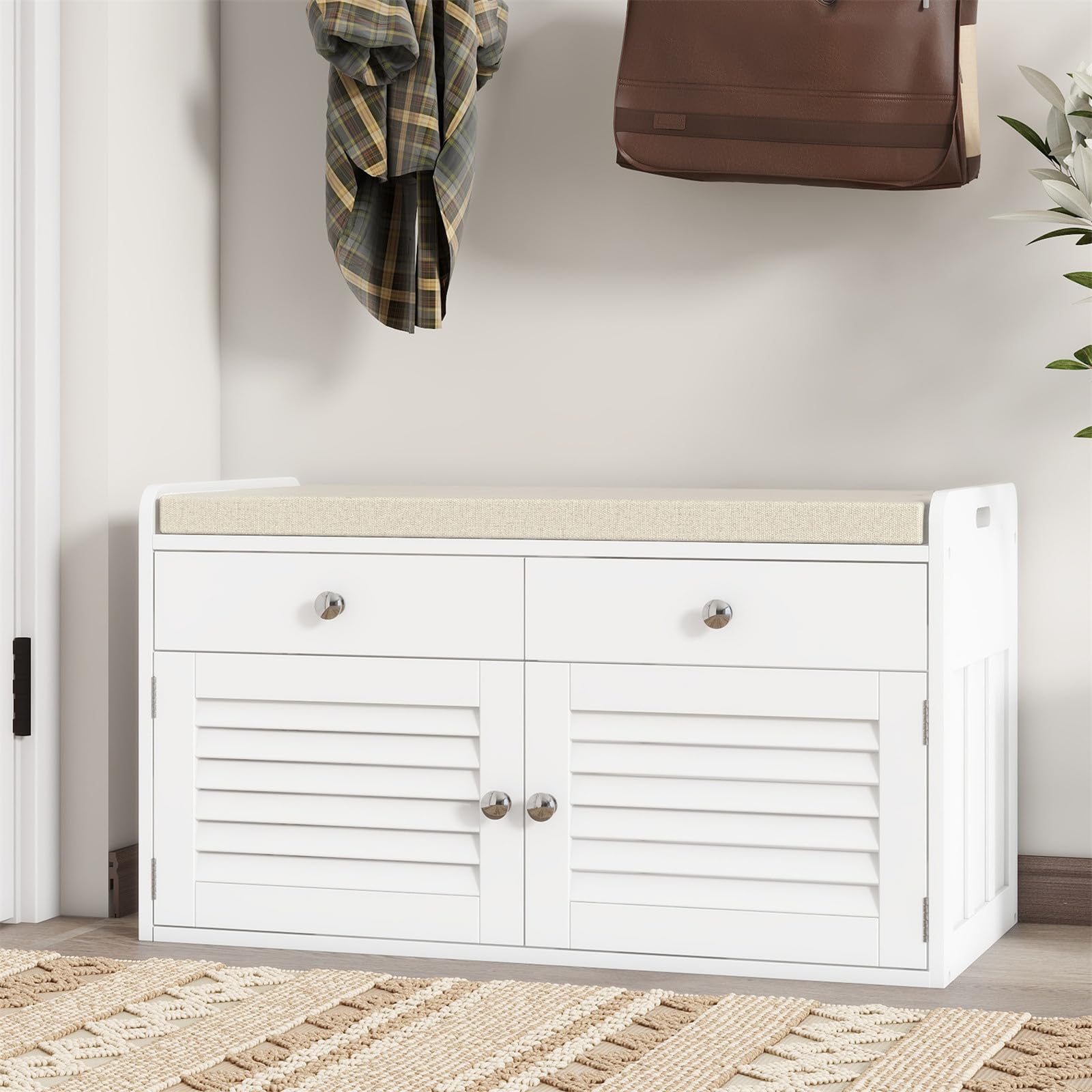 Shoe Storage Bench with 2 Drawers & 2 Doors, Entryway Bench with Cushion, 2 Adjustable Shelves, Shoe Cabinet for Entryway, Living Room, Hallway, Mudroom, Bedroom, Grey