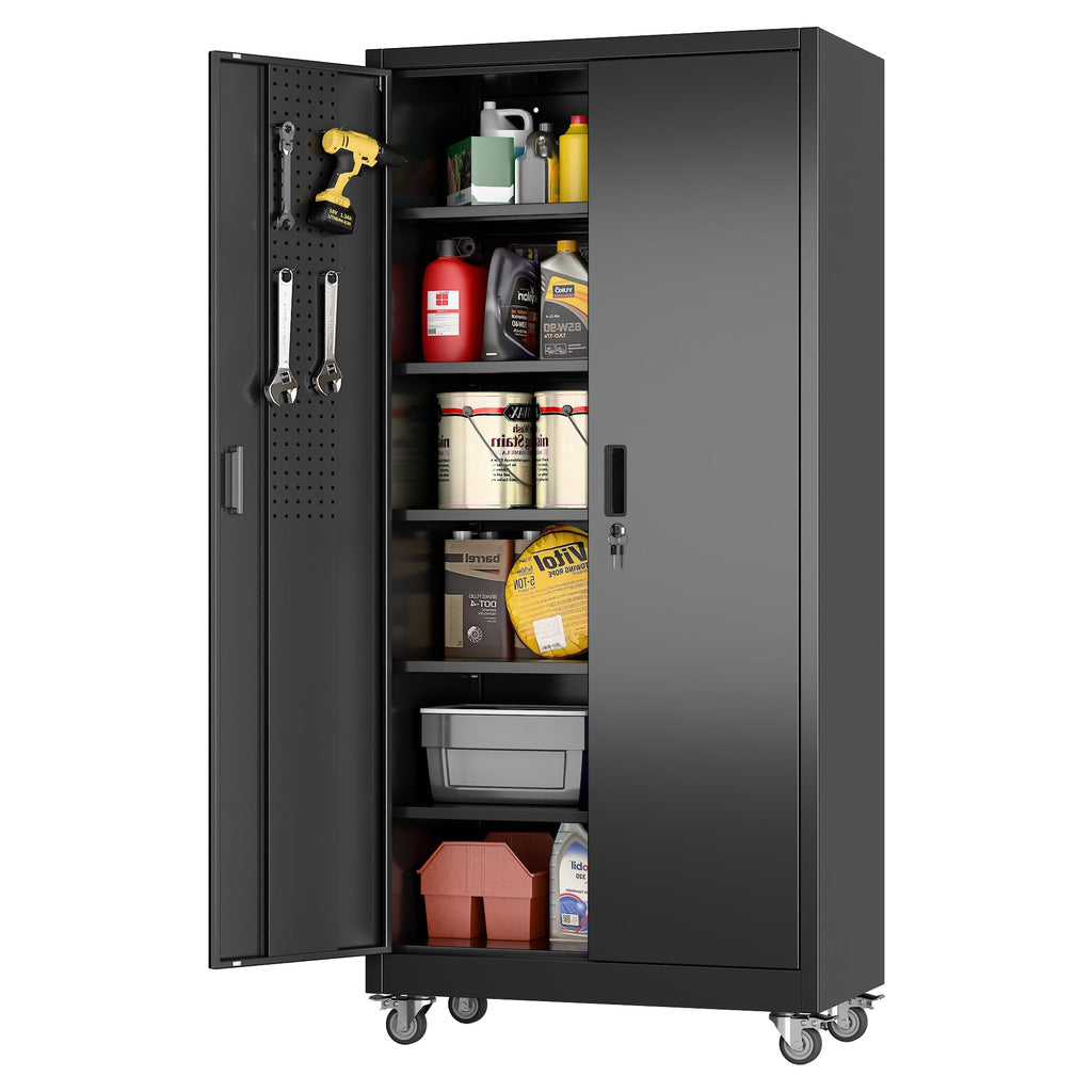 Aobabo 73''H Metal Garage Storage Cabinet with Wheels,Steel Cabinets with 2 Doors and 4 Adjustable Shelves for Home Office,Required Assembly,Black
