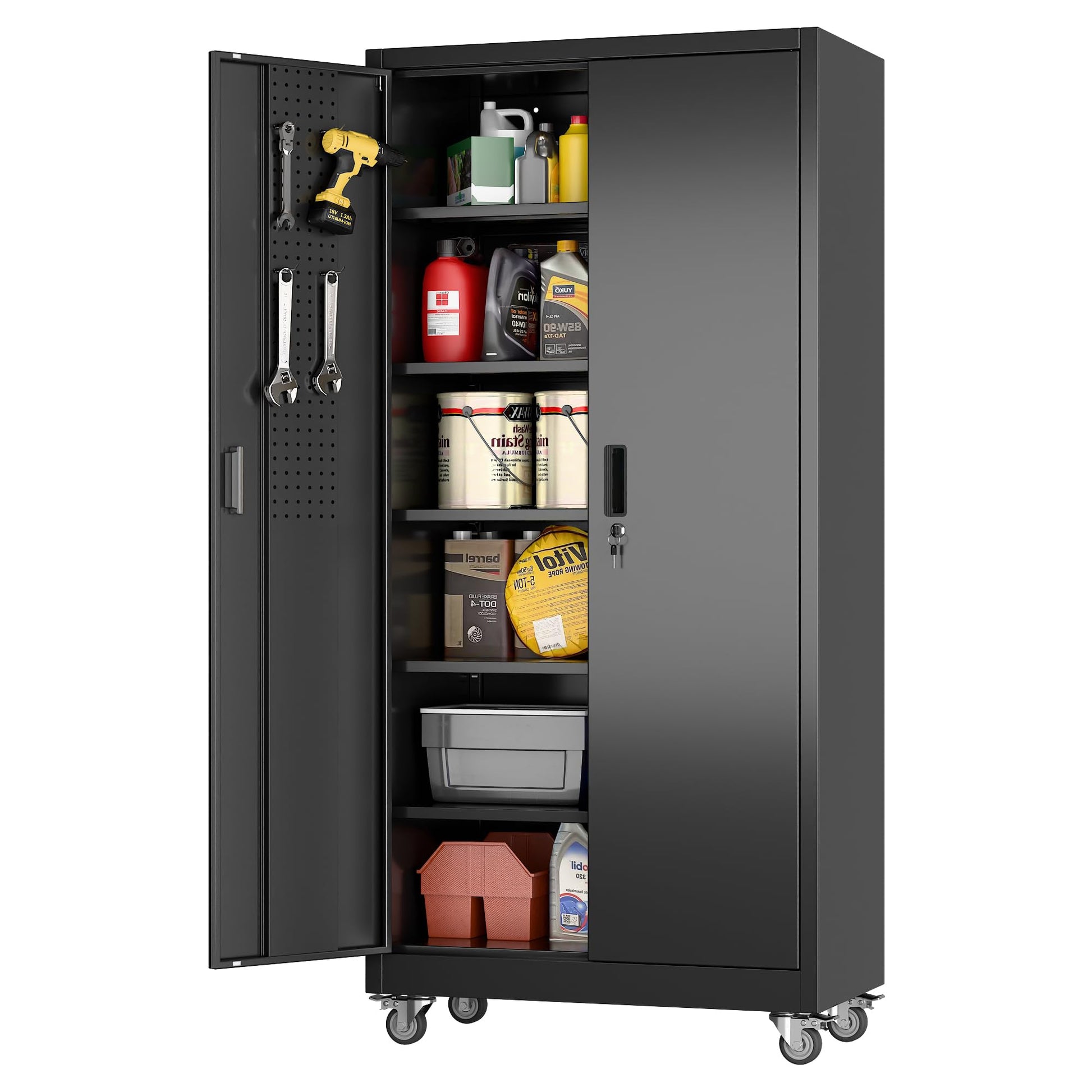 Aobabo 73''H Metal Garage Storage Cabinet with Wheels,Steel Cabinets with 2 Doors and 4 Adjustable Shelves for Home Office,Required Assembly,Black