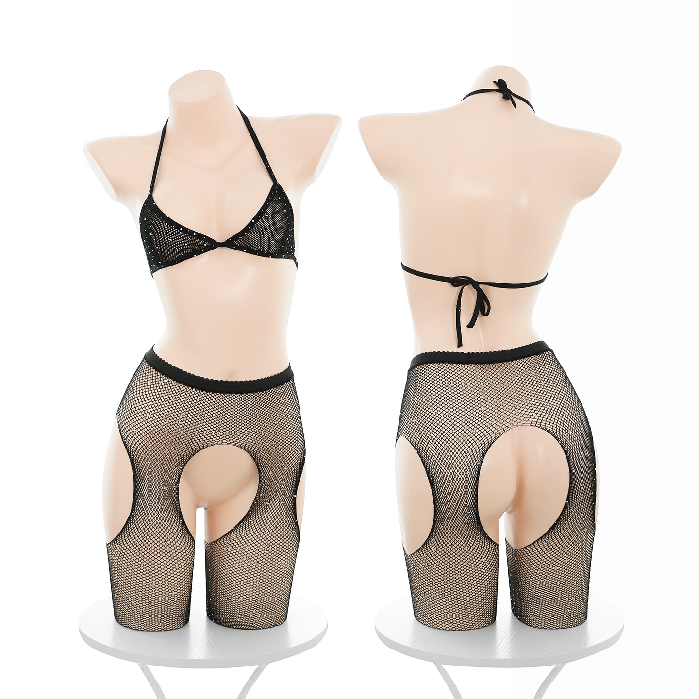 Daring Two-Piece See-Through Mesh Lingerie Set for Women - Halter Bralette & Cutout Fishnet Bodysuit Clubwear