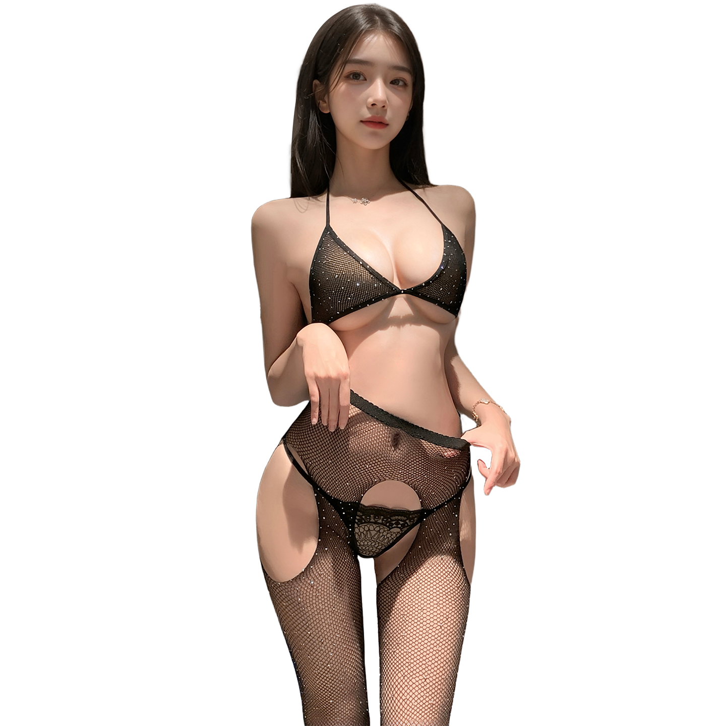 Daring Two-Piece See-Through Mesh Lingerie Set for Women - Halter Bralette & Cutout Fishnet Bodysuit Clubwear