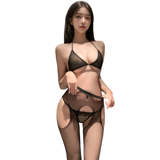 Daring Two-Piece See-Through Mesh Lingerie Set for Women - Halter Bralette & Cutout Fishnet Bodysuit Clubwear