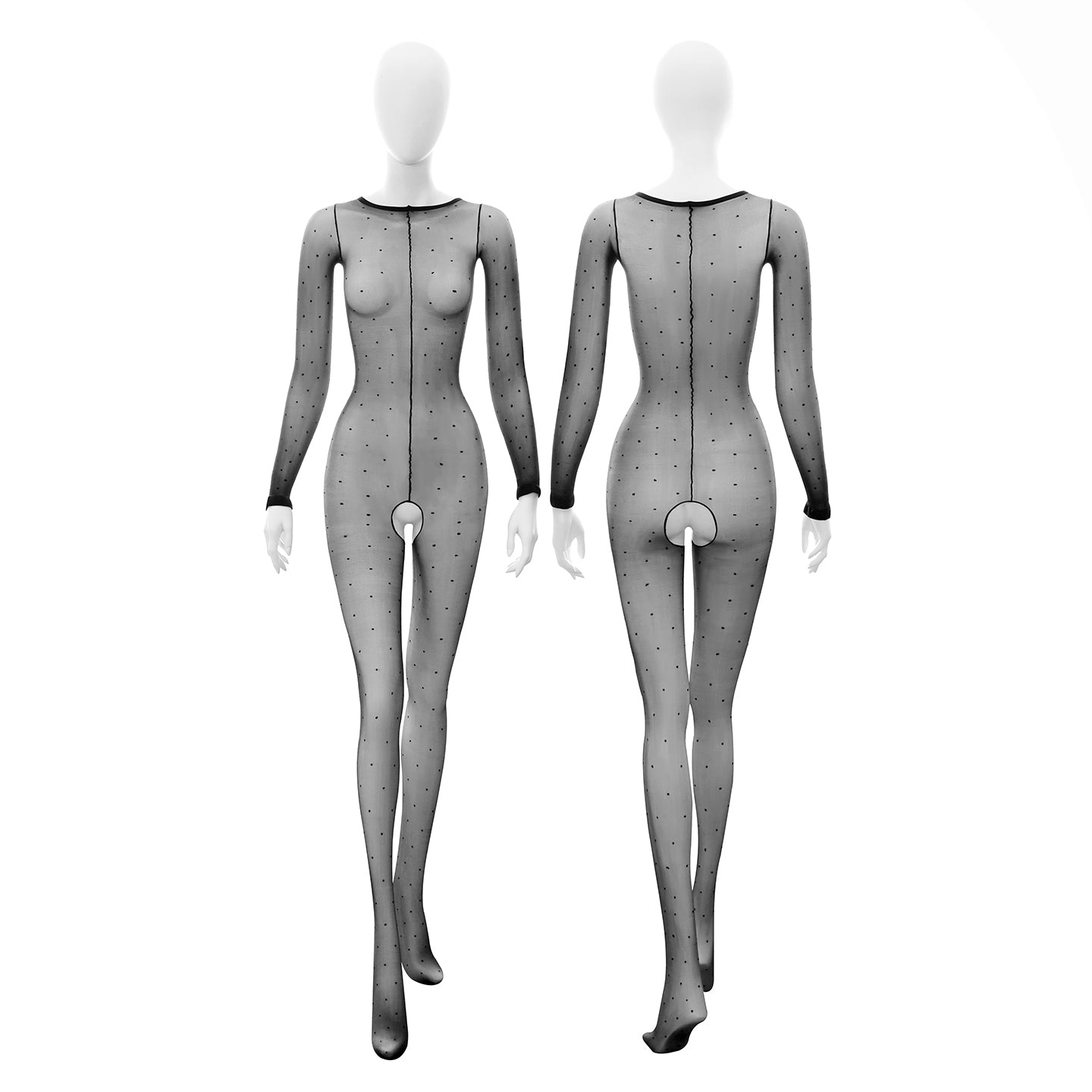 Elegant Polka Dot See-Through Bodysuit for Women | Shiny Glossy Crotchless Lingerie Jumpsuit | Vintage Inspired Sheer Nylon