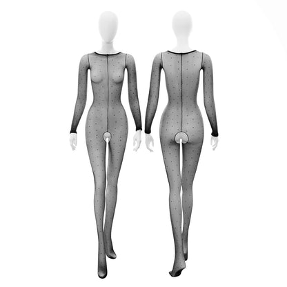Elegant Polka Dot See-Through Bodysuit for Women | Shiny Glossy Crotchless Lingerie Jumpsuit | Vintage Inspired Sheer Nylon