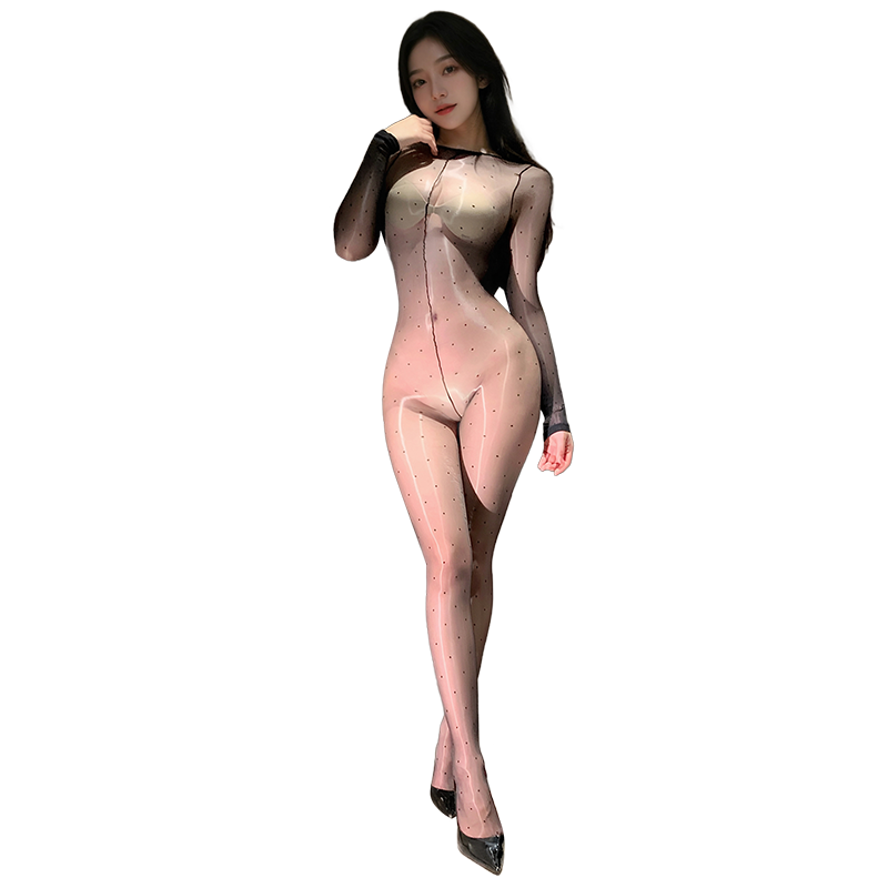 Elegant Polka Dot See-Through Bodysuit for Women | Shiny Glossy Crotchless Lingerie Jumpsuit | Vintage Inspired Sheer Nylon