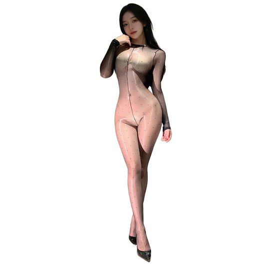 Elegant Polka Dot See-Through Bodysuit for Women | Shiny Glossy Crotchless Lingerie Jumpsuit | Vintage Inspired Sheer Nylon