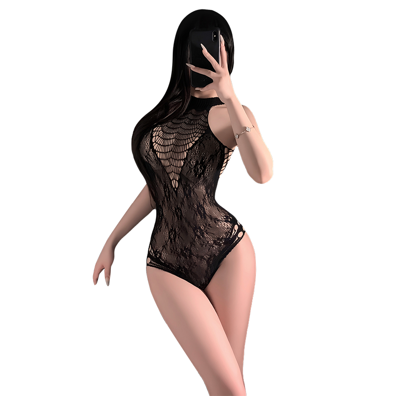 Sexy Women's Spiderweb Fishnet Bodysuit - Sheer Jacquard Mesh Hollow Out Lingerie Jumpsuit Nightwear
