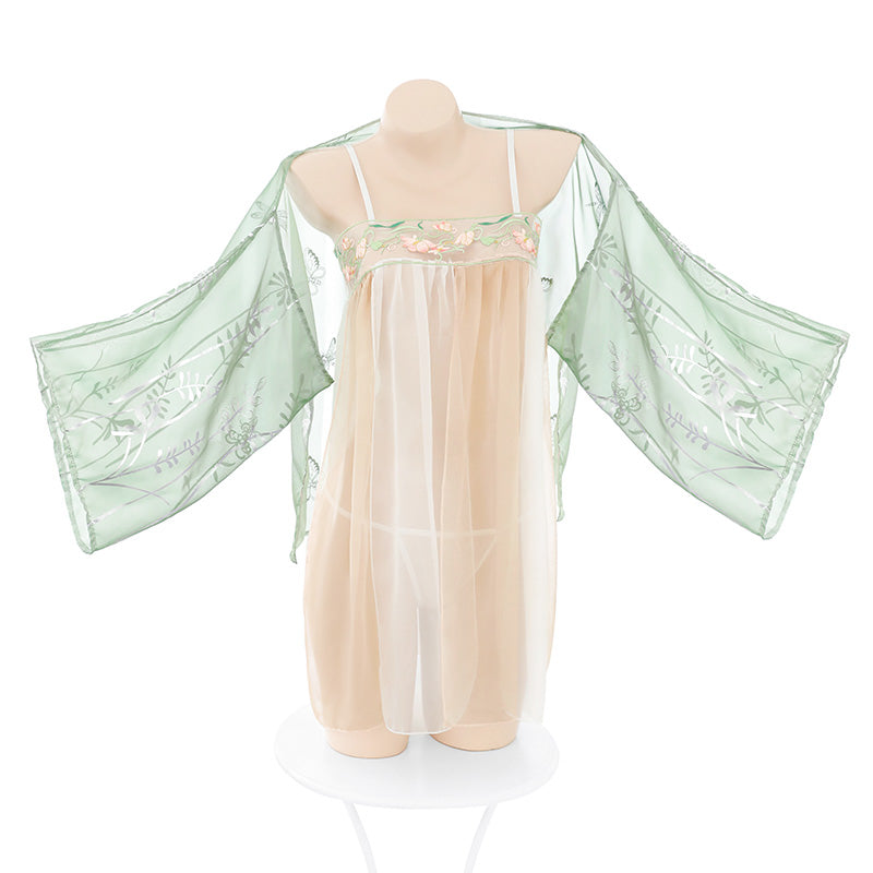 Sensual Tang Style Embroidered Hanfu Lingerie | Sheer Gauze Mini Dress & Sleeves | Erotic Hanfu Lingerie Set with Sheer Sleeves