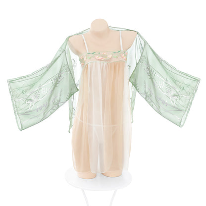 Sensual Tang Style Embroidered Hanfu Lingerie | Sheer Gauze Mini Dress & Sleeves | Erotic Hanfu Lingerie Set with Sheer Sleeves
