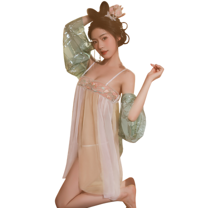 Sensual Tang Style Embroidered Hanfu Lingerie | Sheer Gauze Mini Dress & Sleeves | Erotic Hanfu Lingerie Set with Sheer Sleeves