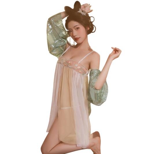 Sensual Tang Style Embroidered Hanfu Lingerie | Sheer Gauze Mini Dress & Sleeves | Erotic Hanfu Lingerie Set with Sheer Sleeves