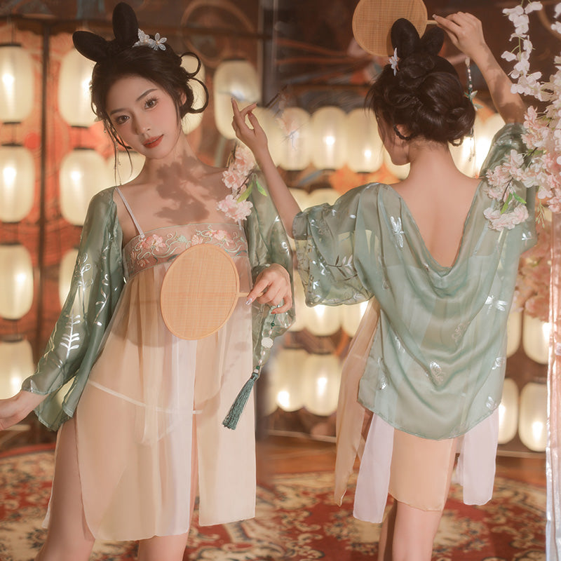 Sensual Tang Style Embroidered Hanfu Lingerie | Sheer Gauze Mini Dress & Sleeves | Erotic Hanfu Lingerie Set with Sheer Sleeves