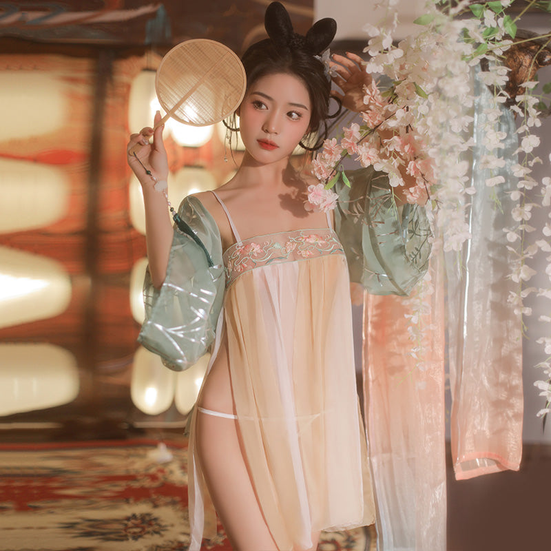 Sensual Tang Style Embroidered Hanfu Lingerie | Sheer Gauze Mini Dress & Sleeves | Erotic Hanfu Lingerie Set with Sheer Sleeves