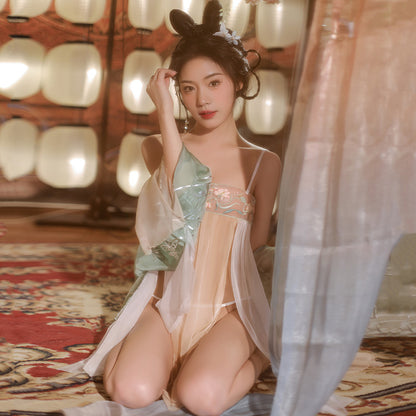 Sensual Tang Style Embroidered Hanfu Lingerie | Sheer Gauze Mini Dress & Sleeves | Erotic Hanfu Lingerie Set with Sheer Sleeves