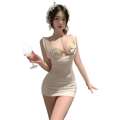 Venus Style Bodycon Mini Dress for Women - Draped Cowl Neck with Decorative Bra Chain & Open Back