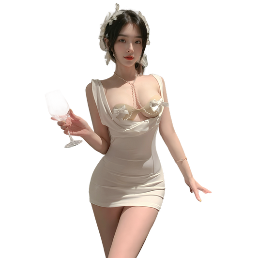 Venus Style Bodycon Mini Dress for Women - Draped Cowl Neck with Decorative Bra Chain & Open Back