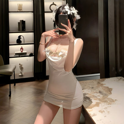 Venus Style Bodycon Mini Dress for Women - Draped Cowl Neck with Decorative Bra Chain & Open Back