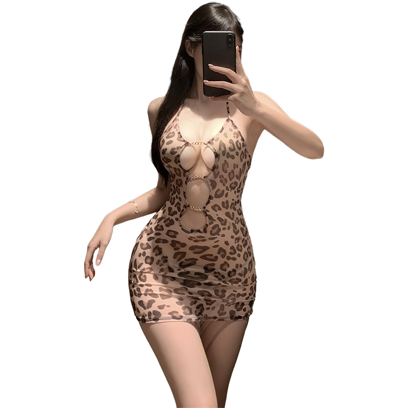 Women's Leopard Print Hollow Out Sheer Bodycon Mini Dress with Chain Detail - Ultra Sexy Leopard Print Hollow Out Mini Dress
