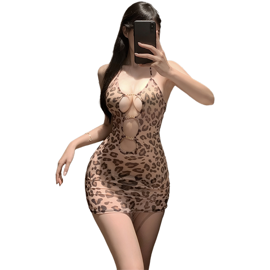Women's Leopard Print Hollow Out Sheer Bodycon Mini Dress with Chain Detail - Ultra Sexy Leopard Print Hollow Out Mini Dress