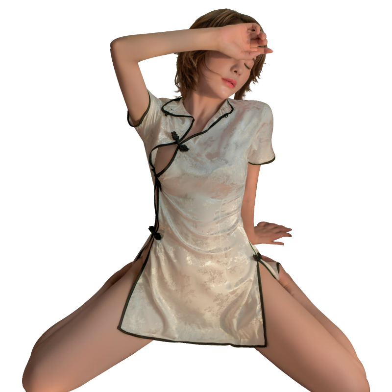 Luxurious Satin Floral Slanted Cheongsam with High Slits - Cutout Detail Satin Cheongsam Bodysuit Lingerie