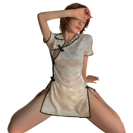 Luxurious Satin Floral Slanted Cheongsam with High Slits - Cutout Detail Satin Cheongsam Bodysuit Lingerie