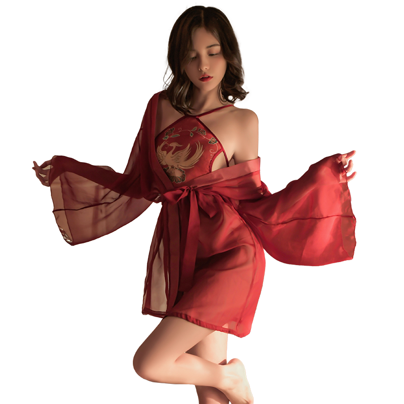 Embroidered Phoenix Silk Halter Lingerie Set with Sheer Robe - Crimson Phoenix Dudou Set