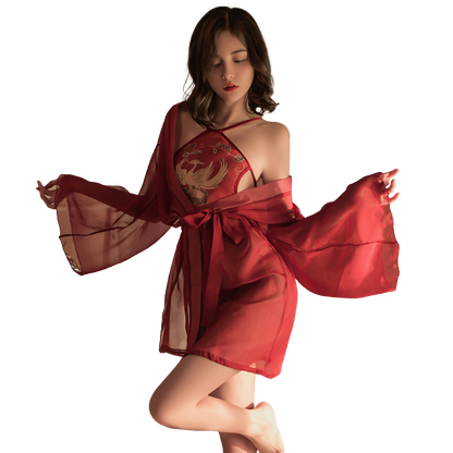 Embroidered Phoenix Silk Halter Lingerie Set with Sheer Robe - Crimson Phoenix Dudou Set