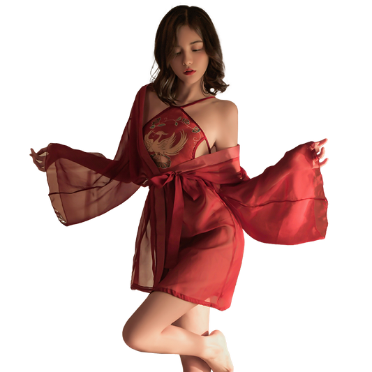 Embroidered Phoenix Silk Halter Lingerie Set with Sheer Robe - Crimson Phoenix Dudou Set