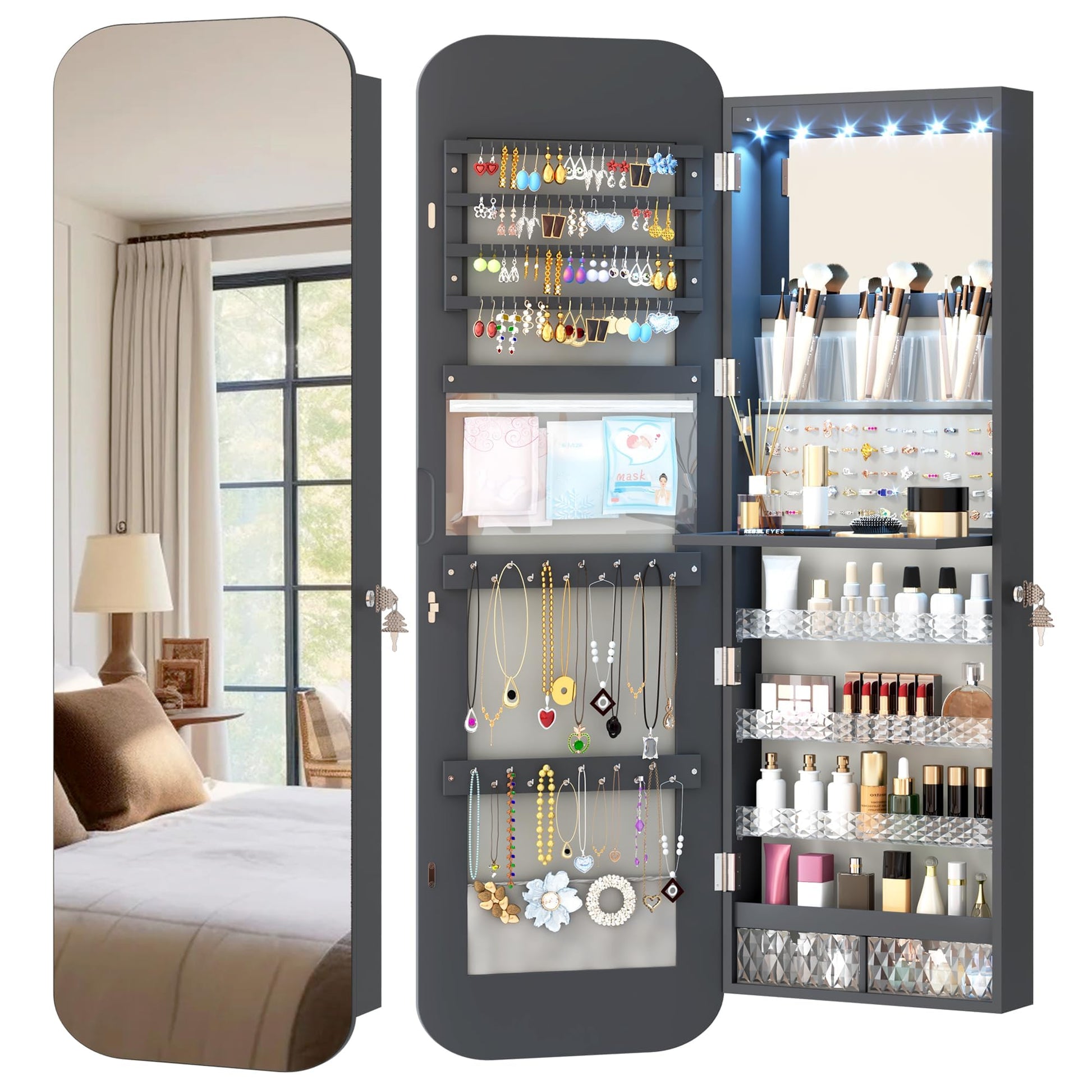 Vlsrka 47.2" LED Mirror Jewelry Cabinet, Wall/Door Mounted Full Length Mirror with Storage, Lockable Jewelry Armoire with Mirror, Rounded Corner Hanging Mirror Jewelry Organizer, Black