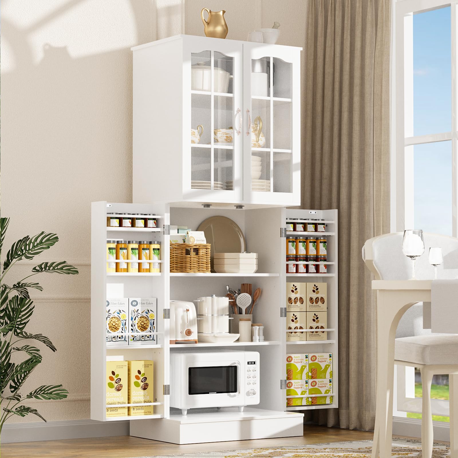 55'' Pantry Storage Cabinet with Adjustable Shelves and Drawer, Buffet Cupboard for Kitchen, Living Room, Bathroom, Dining Room