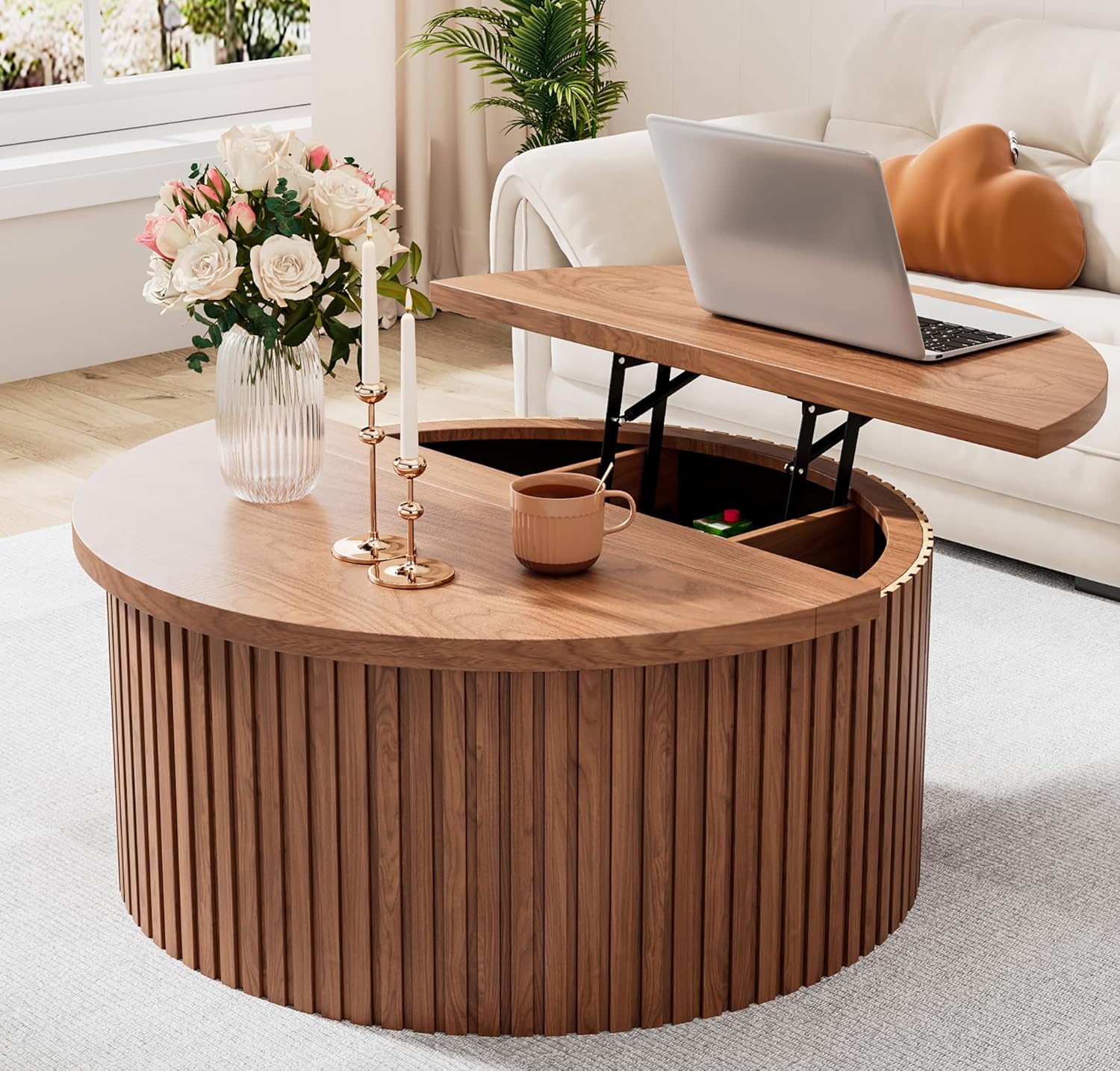 Round Fluted Lift Top Coffee Table with Storage, 34.6'' Farmhouse Round Coffee Tables for Living Room, Circle Wood Accent Center Table for Home, Office (Walnut)