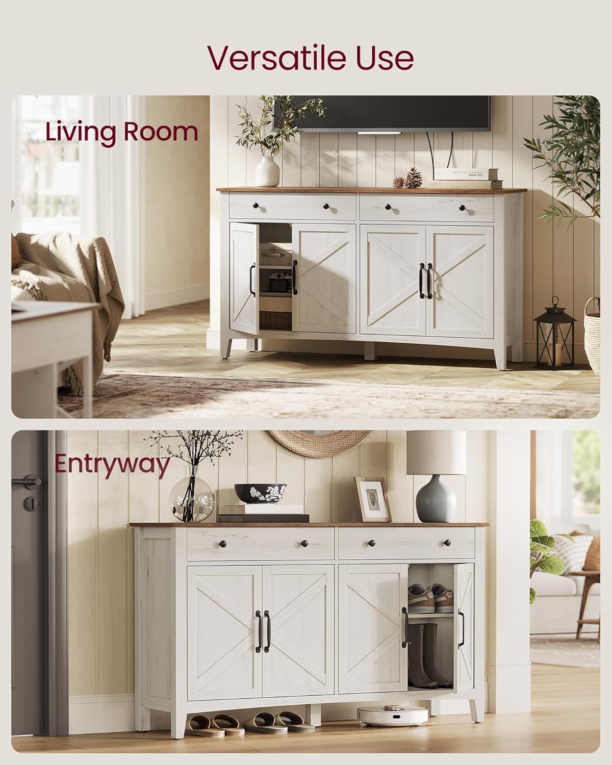 VASAGLE LIRY Collection - Buffet Cabinet, Coffee Bar Cabinet with 2 Drawers, Adjustable Shelves, Sideboard Storage with Cable Holes, Drawer Dividers, Rustic White and Honey Brown UBBK381W01
