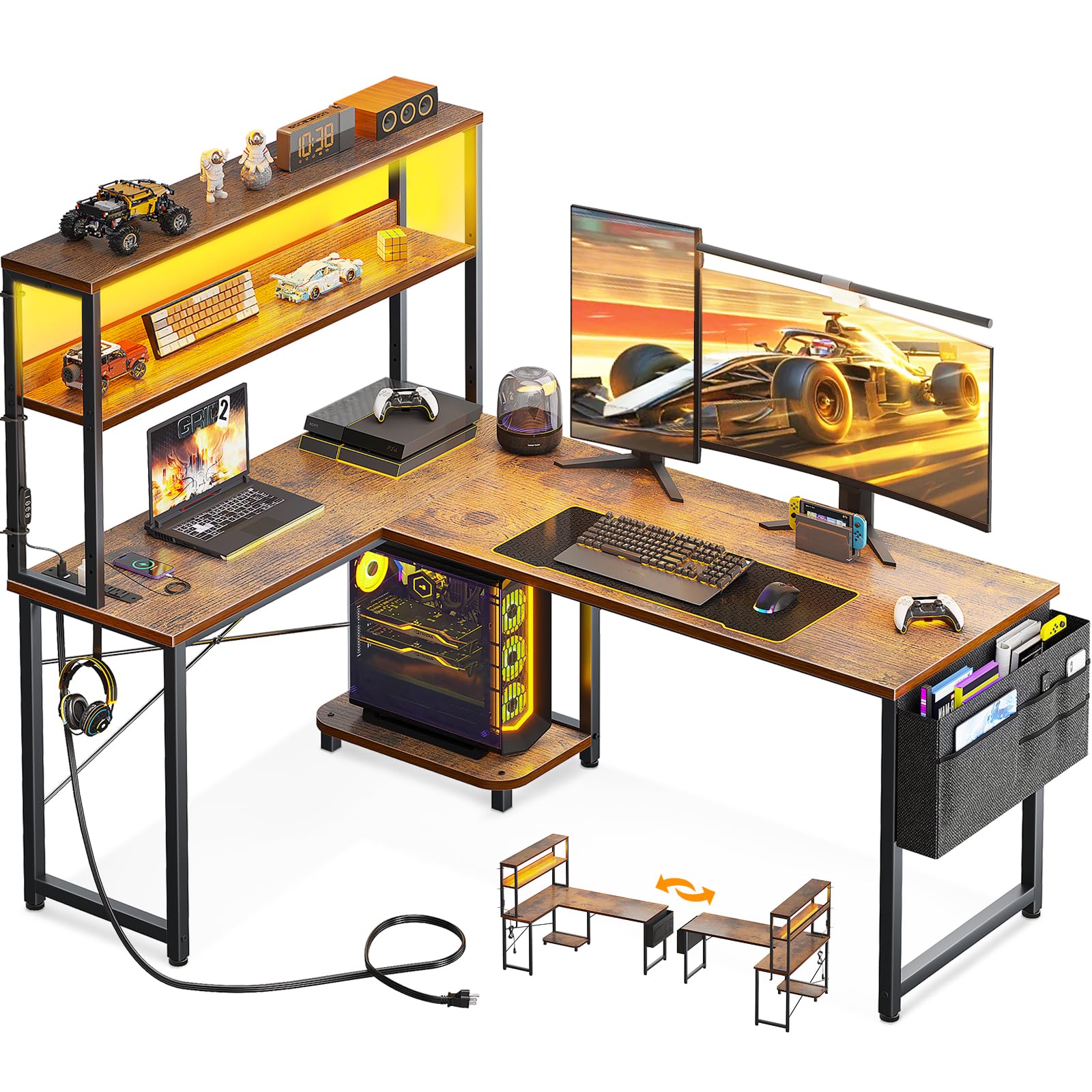 AODK L Shaped Desk Gaming Desk with LED Light & Power Outlet, 53 Inch Reversible L Shaped Computer Table with Shelf & Storage Bag & Hook for Home Office, Black