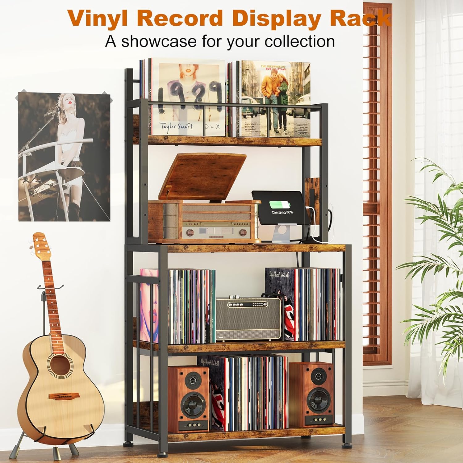 EasyCom Record Player Stand with Vinyl Storage, Turntable Stand Holds Up to 300 Albums, Large Record Player Table with Charge Station, Vinyl Record Stand for Living Room