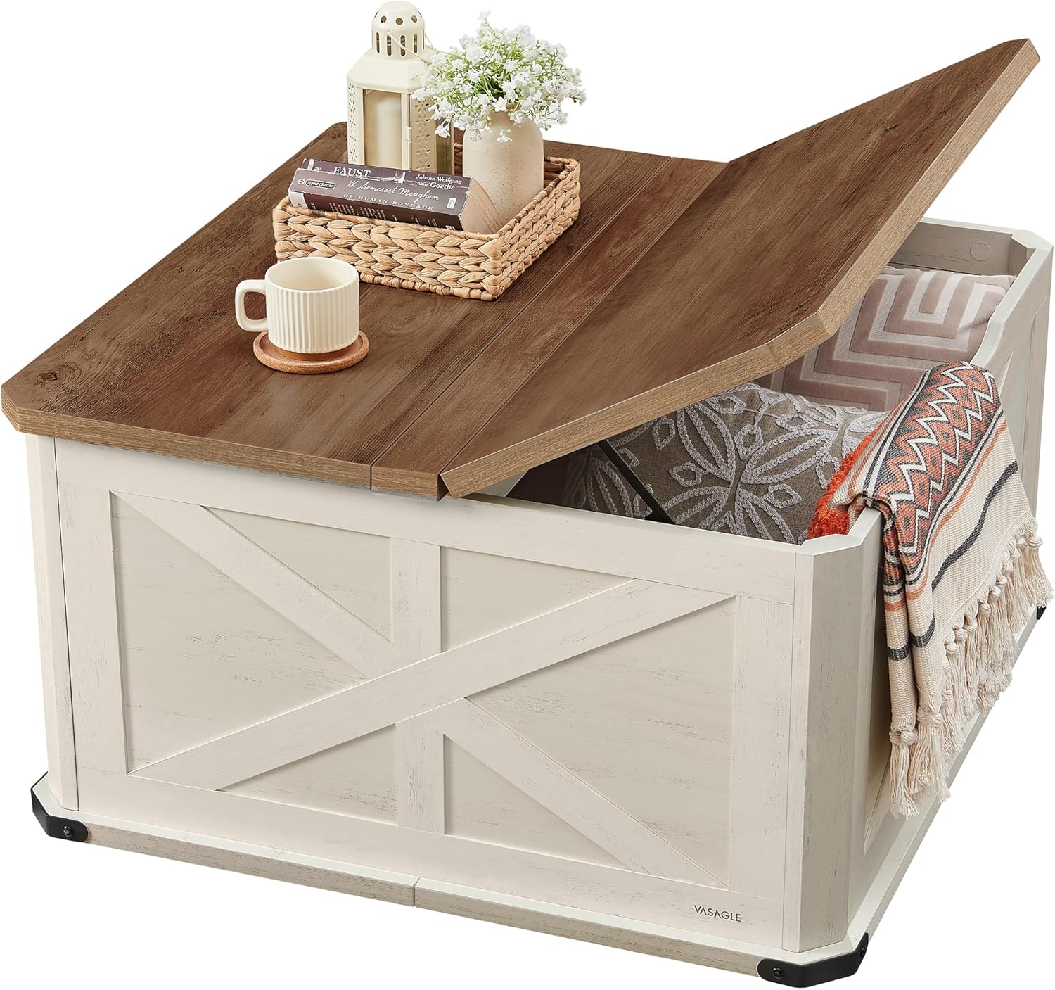 VASAGLE Farmhouse Coffee Table with Storage, Square Coffee Table for Living Room, Center Table with Flip-Top Lids, Honey Brown and Rustic White ULCT232W73