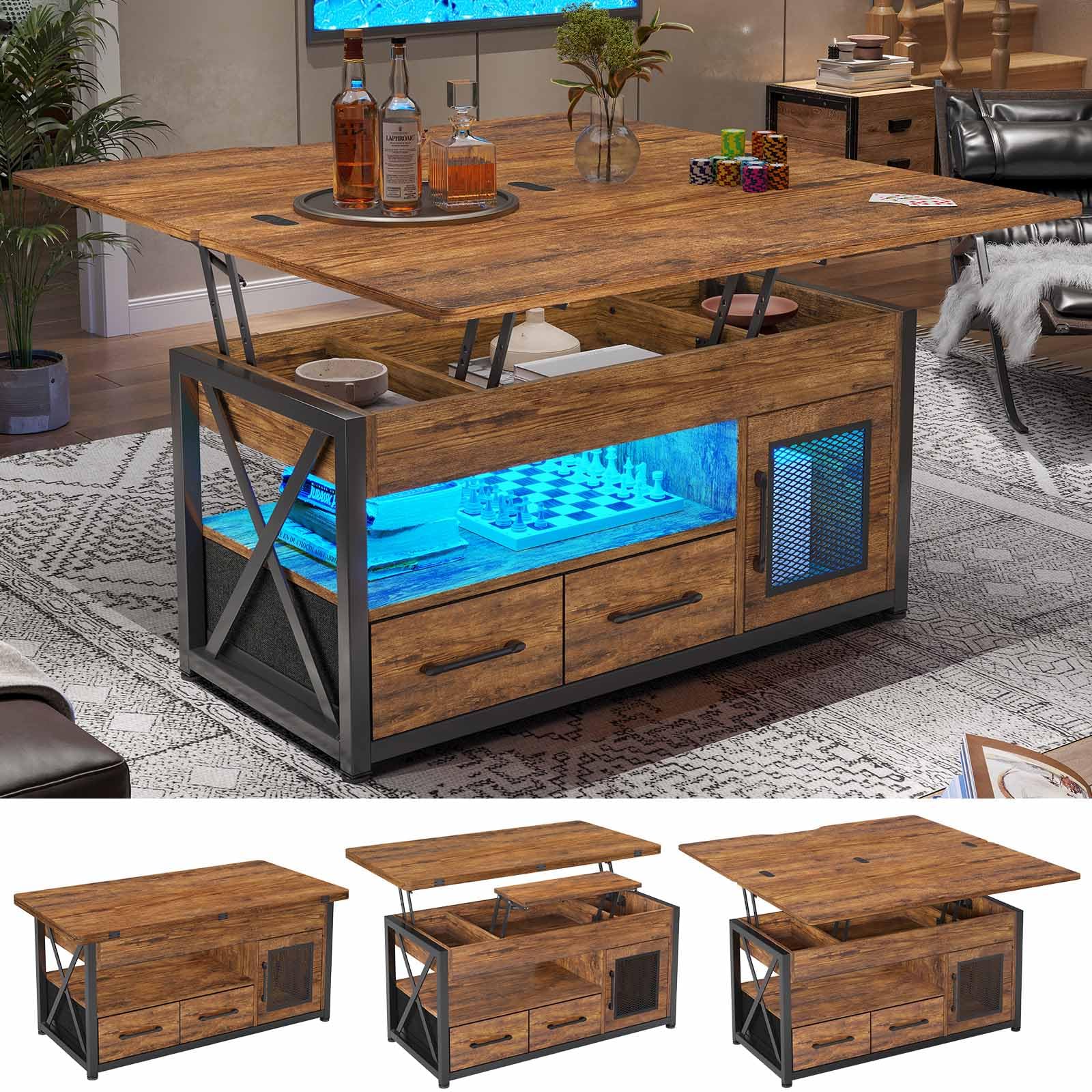 Itaar 40" Lift Top Coffee Table, 4 in 1 Coffee Tables with Storage Cabinet for Living Room, Small Farmhouse Coffee Table with 2 Fabric Drawers & LED Light for Dining Room, Grey