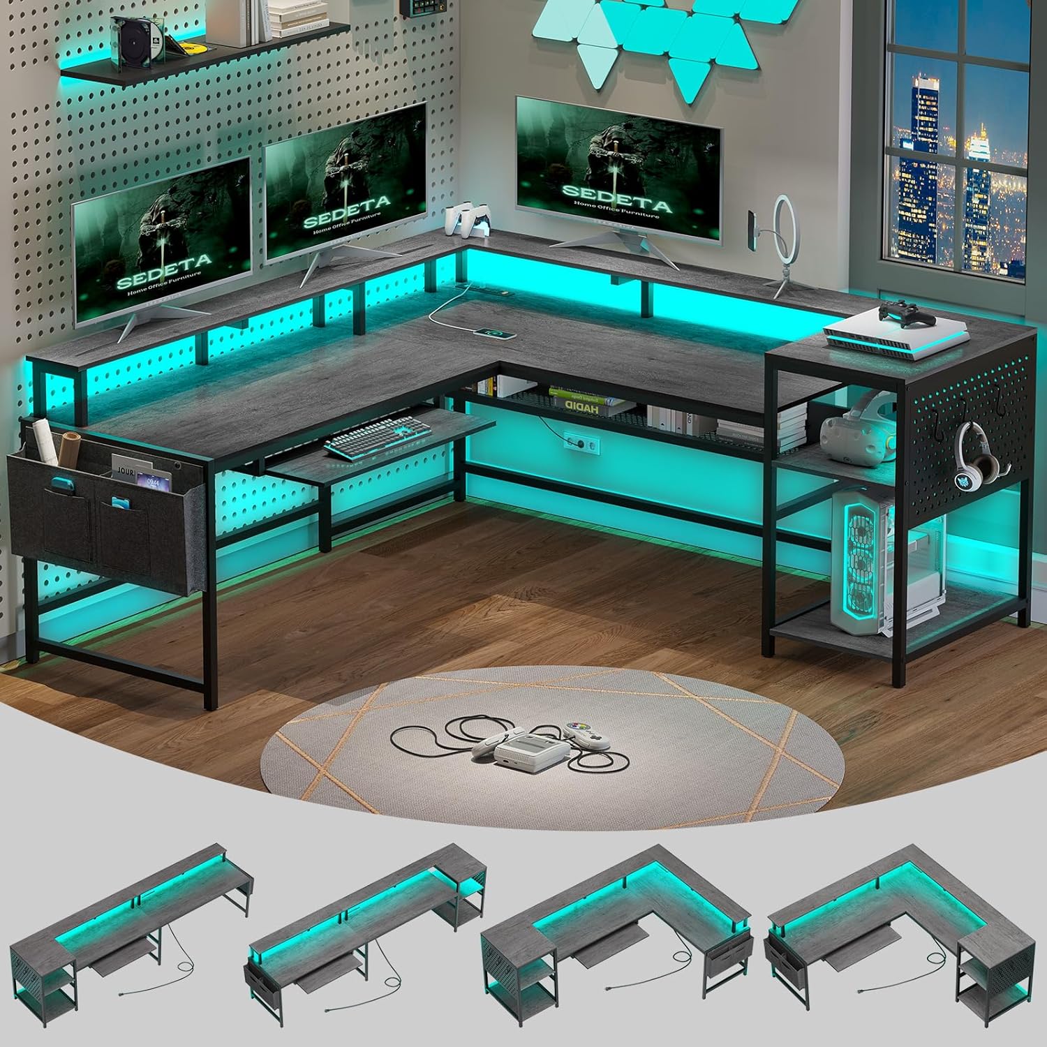 SEDETA L Shaped Gaming Desk, Convertible 96" Home Office Desk or Corner Desk, L Shaped Table with Power Outlets & LED Strip, Monitor Stand, Keyboard Tray, Pegboard and Storage Shelves, Grey