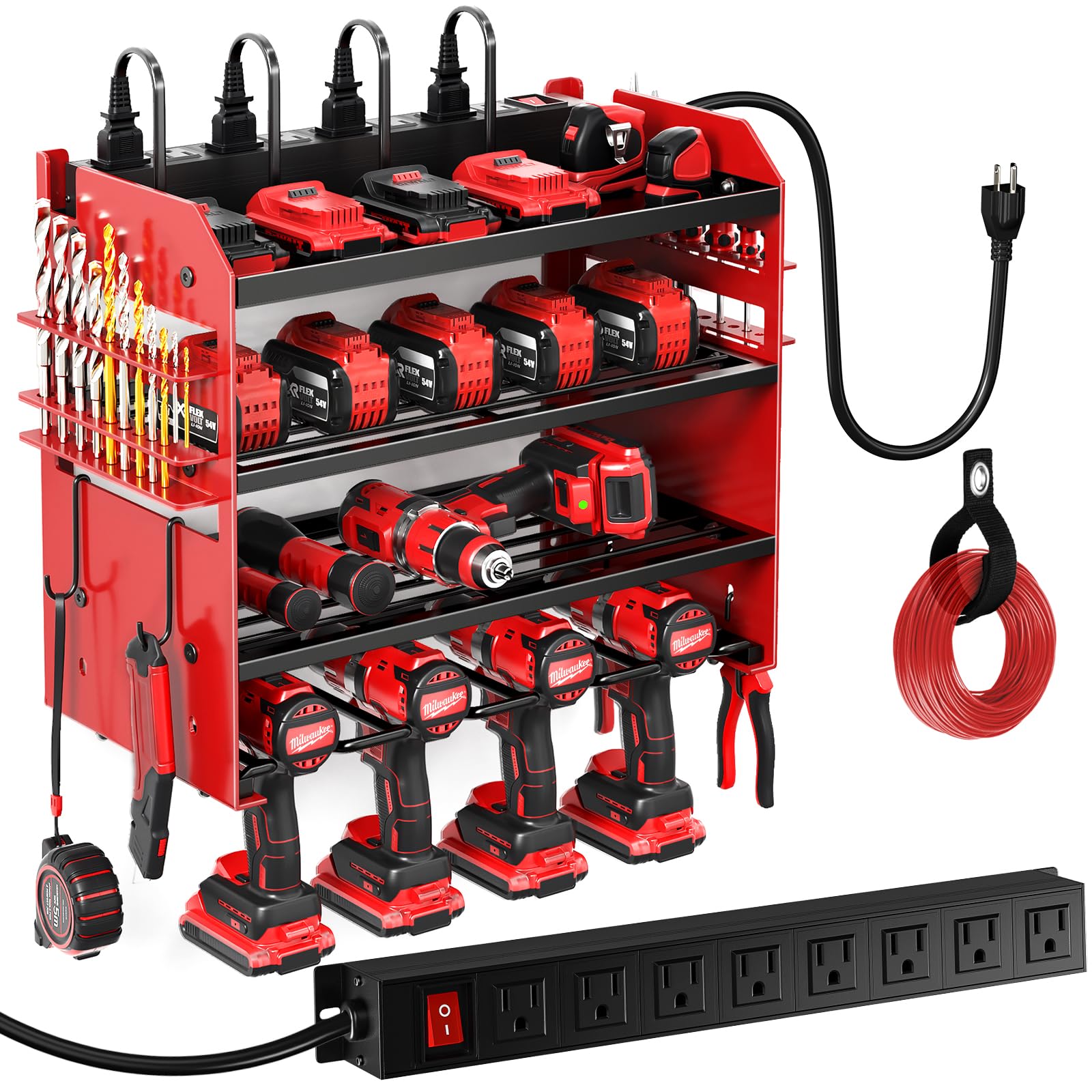 Large Power Tool Organizer Wall Mount with Charging Station,4 Layer Heavy Duty Metal Tool Storage Rack Loads 600lbs with 8 Cordless Drill Holder,Battery Utility Rack Loads with 4 Power Strip