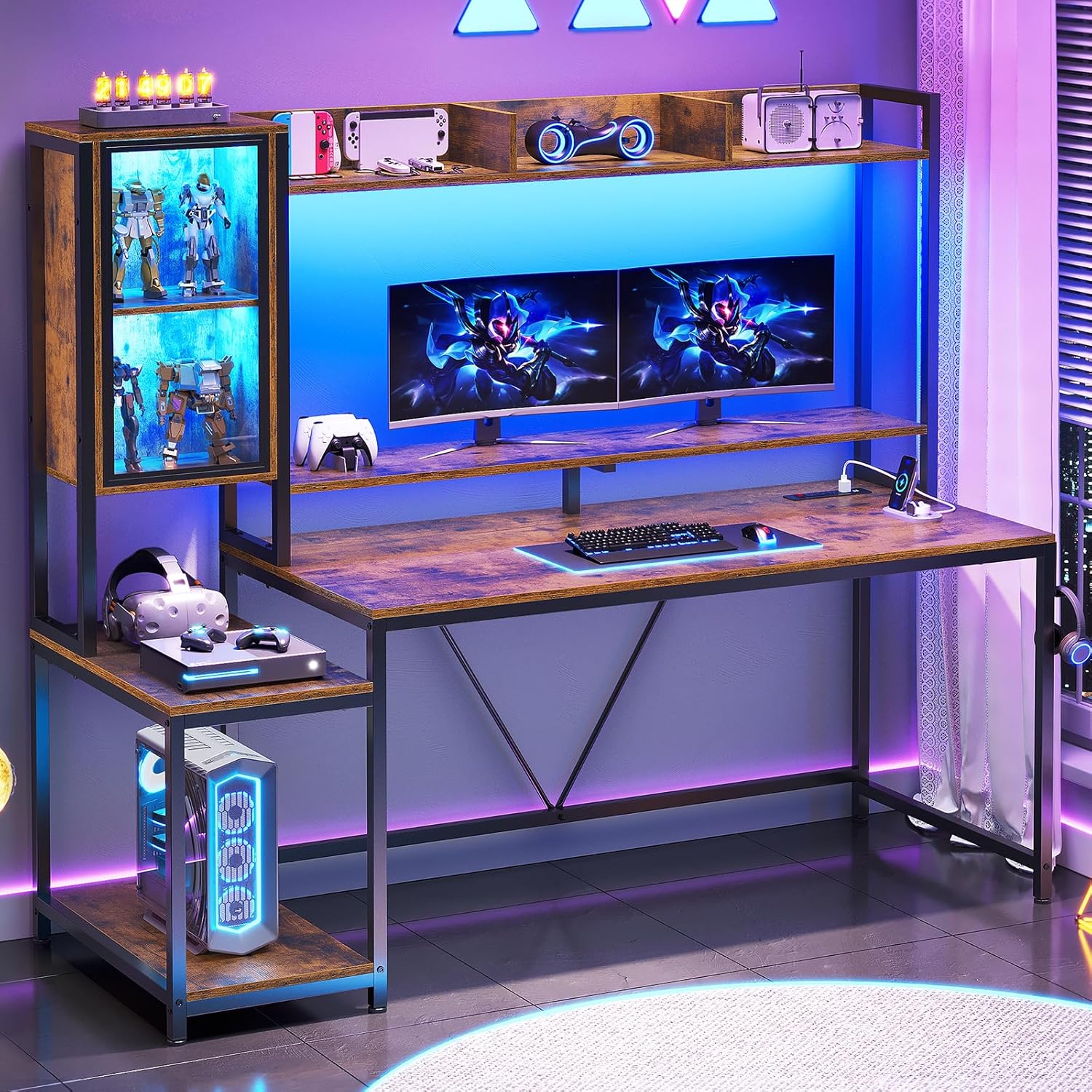 SEDETA Gaming Desk, 60'' Gaming Desk with Hutch and LED Lights, Computer Desk with Storage Shelves, Large PC Gamer Desk with Display Cabinet, Monitor Stand, Power Outlet for Home Office, Rustic Brown