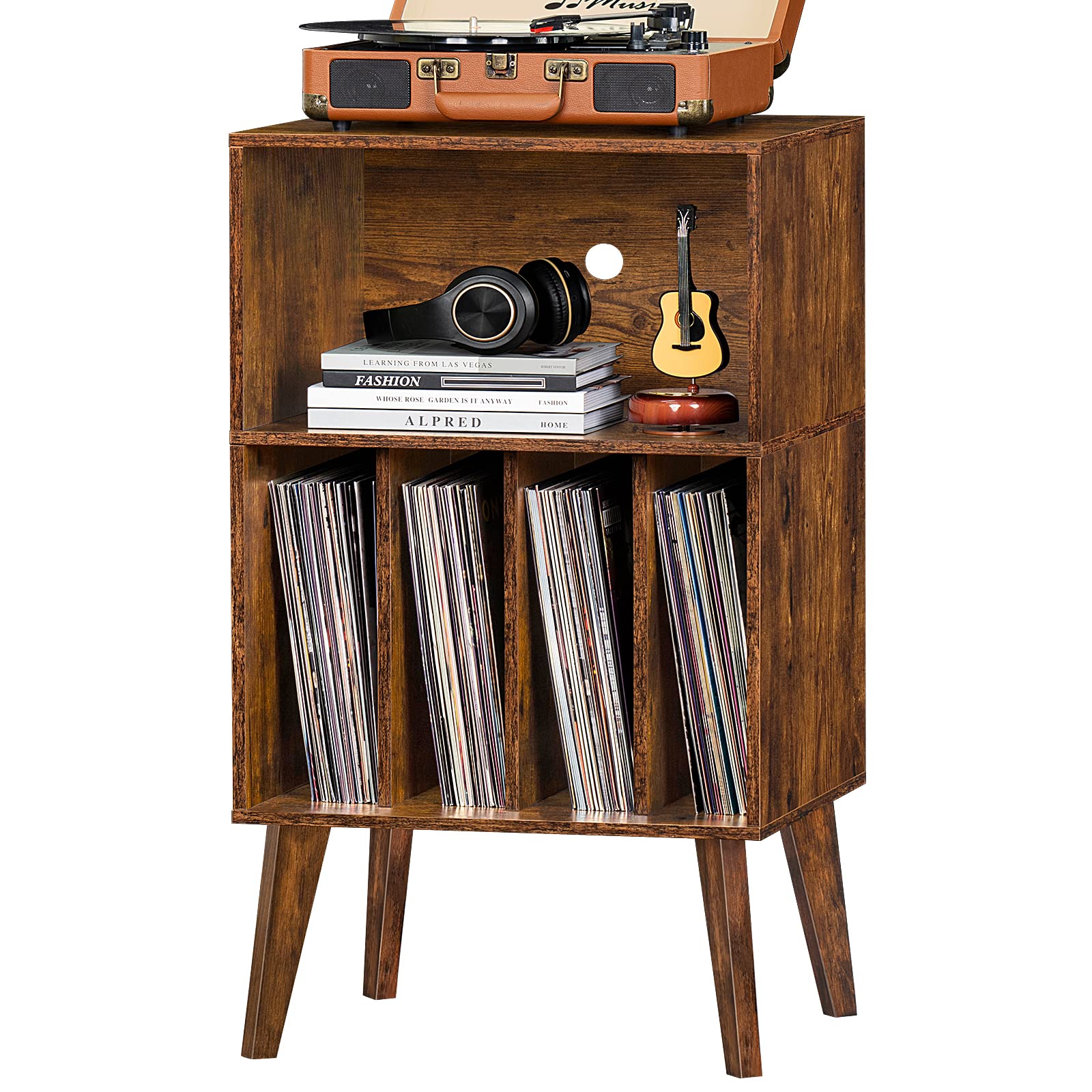 Lerliuo Record Player Stand, Walnut Turntable Stand Holds up to 160 Albums, Mid-Century Vinyl Storage Cabinet Table with Solid Wood Legs, Record Player Holder Dispaly Shelf for Bedroom Living Room