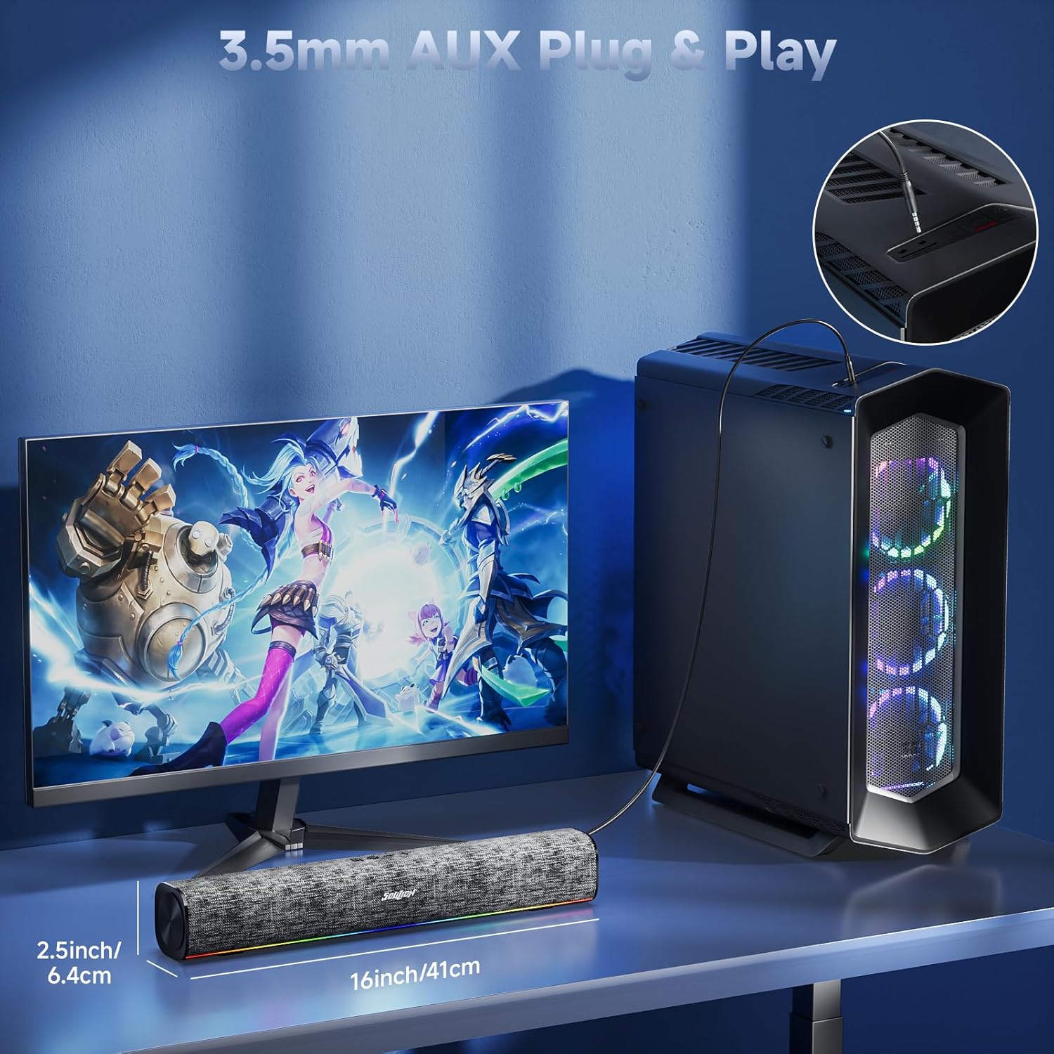 SOULION R100 Plus Computer Speakers with Dynamic RGB Light, Rechargeable Bluetooth Speaker with Switch Button, Clearly Sound Soundbar for Desktop Monitor, PC, Tablets(3.5mm Aux Connection Included)